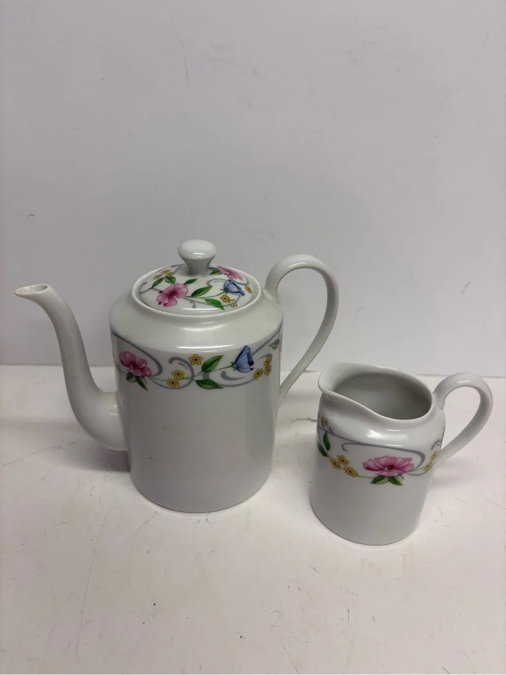 Vintage Limoges France Porcelain Floral Teapot and Creamer Set 2